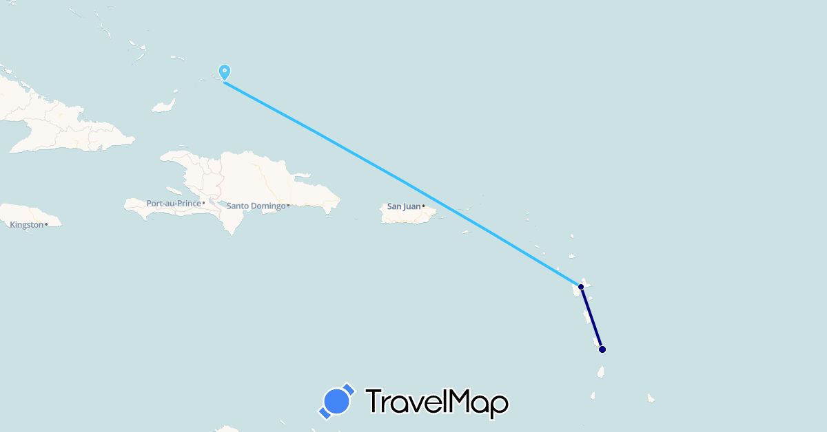 TravelMap itinerary: driving, boat in Guadeloupe, Martinique, Turks and Caicos Islands (North America)